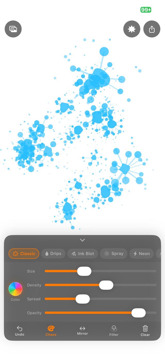 A blue splatter composition with the Chaos control panel open