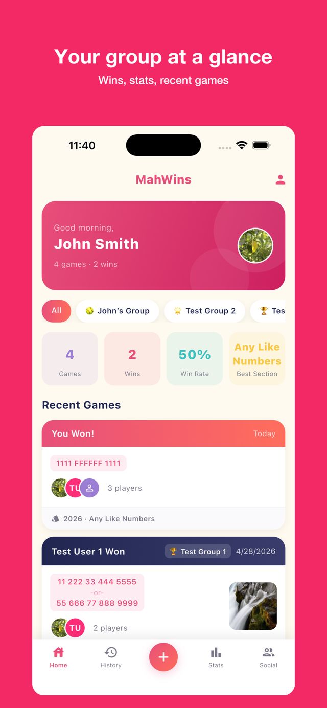 Home screen with your group's recent games
