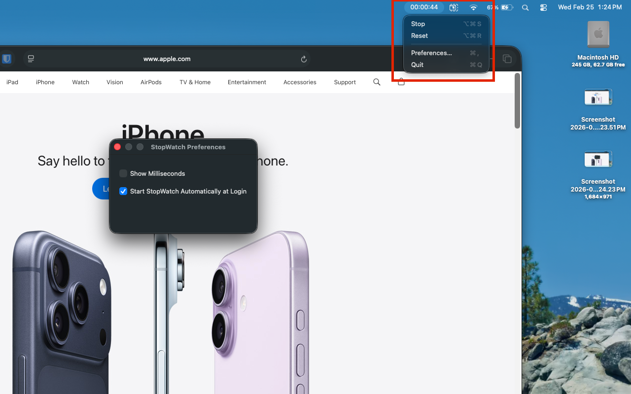 StopWatch running in the macOS menu bar with its dropdown and preferences open
