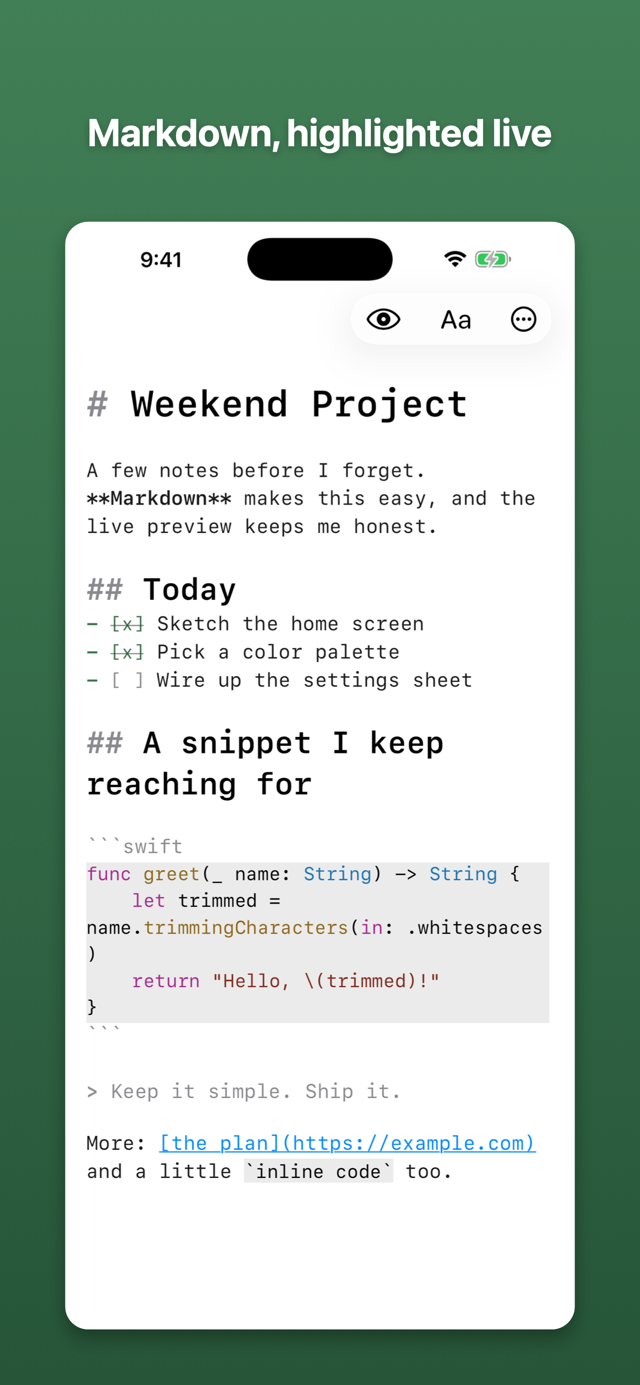 Editing a Markdown document with live syntax highlighting